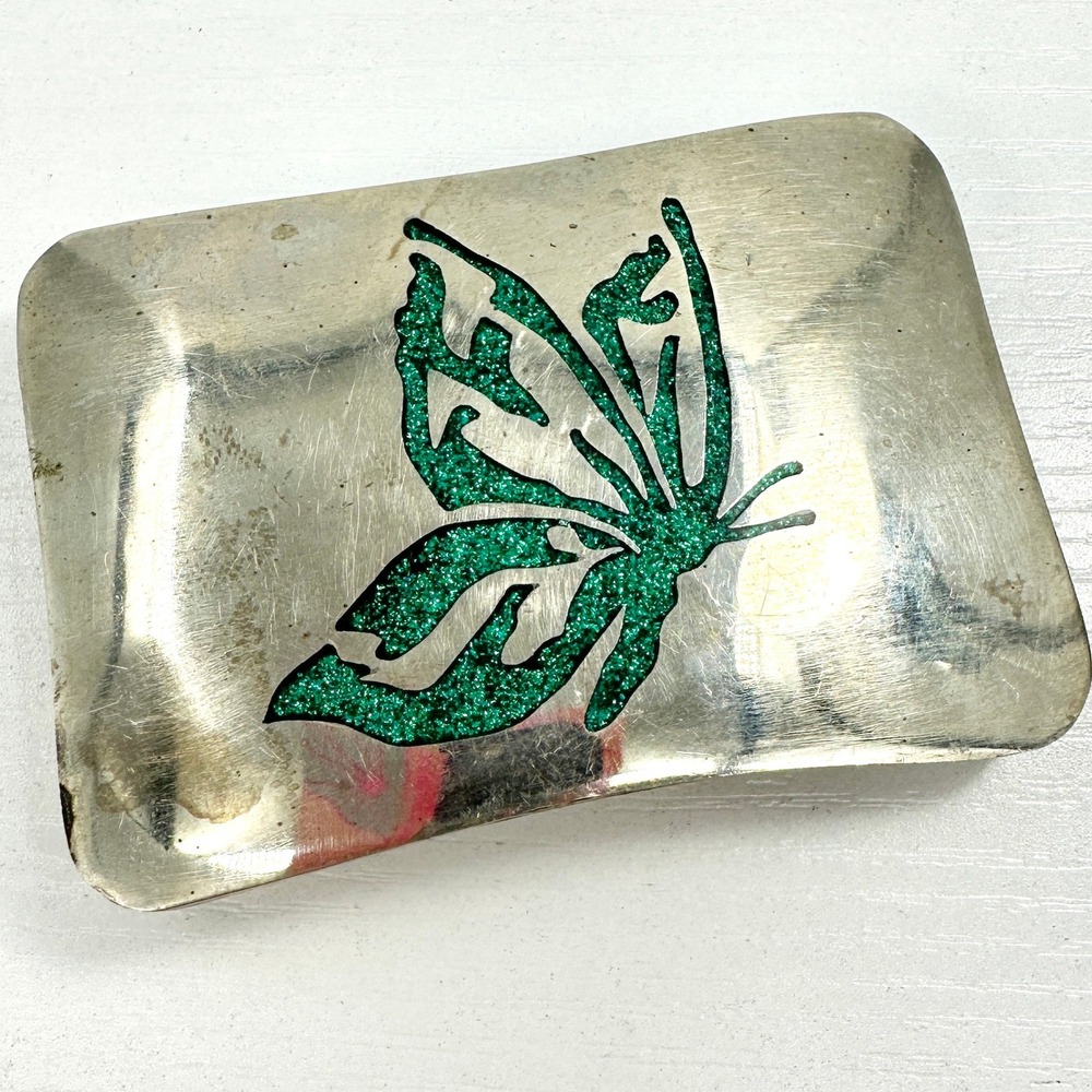 Y2K Butterfly Belt Buckle Green Glitter Resin Inlay Silver Tone Festival